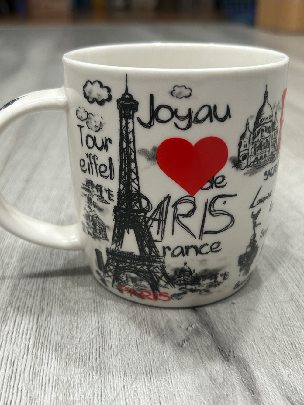 White Paris Eiffel Tower Ceramic Mug with Red Heart Accent